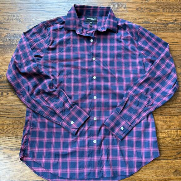 Bonobos Shirt Mens Large Blue Pink Check Long Sleeve Slim Fit Nylon Spandex - Picture 1 of 5